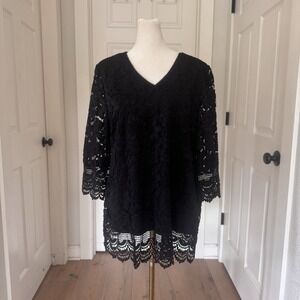 Investments Womens Blouse Sz M Tunic Top Crocheted Lace Black Floral Dressy Boho